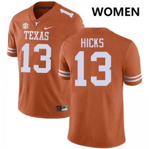 Womens University of Texas #13 Zelus Hicks Embroidery Football Jersey - Texas Orange